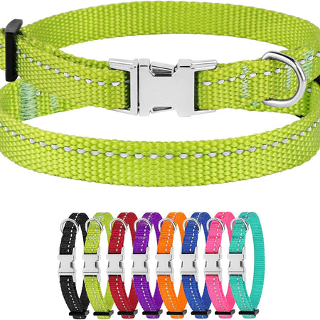 Reflective Dog Collar for a Small, Medium, Large Dog or Puppy with a Quick Release Buckle - Boy and Girl - Nylon Suitable for Swimming (7-11 Inch, Lime Green)