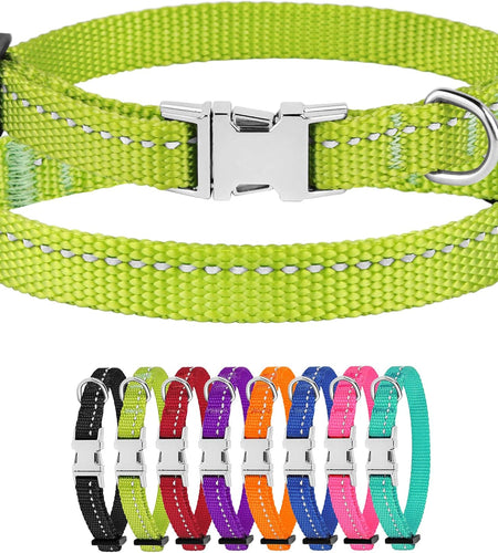 Reflective Dog Collar for a Small, Medium, Large Dog or Puppy with a Quick Release Buckle - Boy and Girl - Nylon Suitable for Swimming (7-11 Inch, Lime Green)